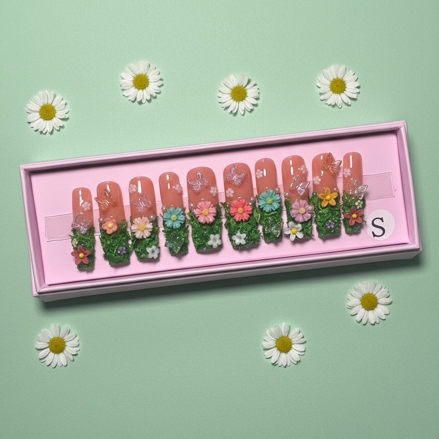Set of decorative nail art with floral designs in a pink box on a light green background with daisies.
