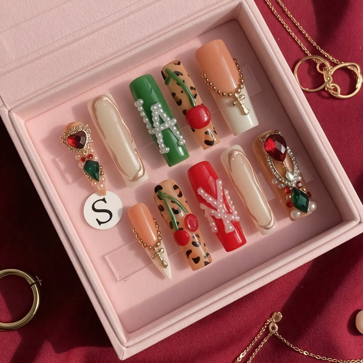 Cherry Bombshell Set | Red & Gold Press - On Nails with 3D Cherries - Boss Babe Nails