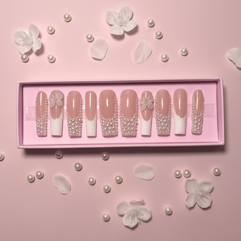 Pearl Dream French Set | White French Press - On Nails with Pearls - Boss Babe Nails