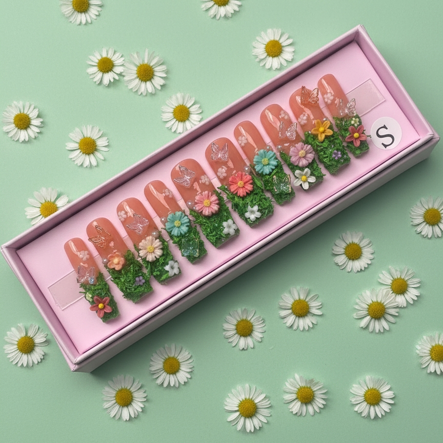 Set of decorative false nails with floral designs in a pink box, surrounded by daisies on a green background.