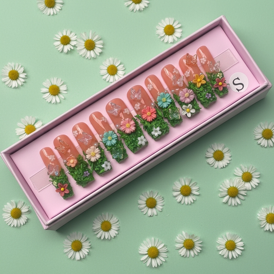Set of decorative false nails with floral designs in a pink box, surrounded by daisies on a green background.