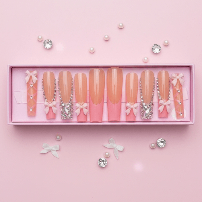 Ballerina Pink Bow Set | Coquette Pink Press - On Nails - Boss Babe Nails