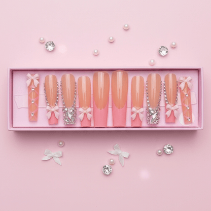 Ballerina Pink Bow Set | Coquette Pink Press - On Nails - Boss Babe Nails