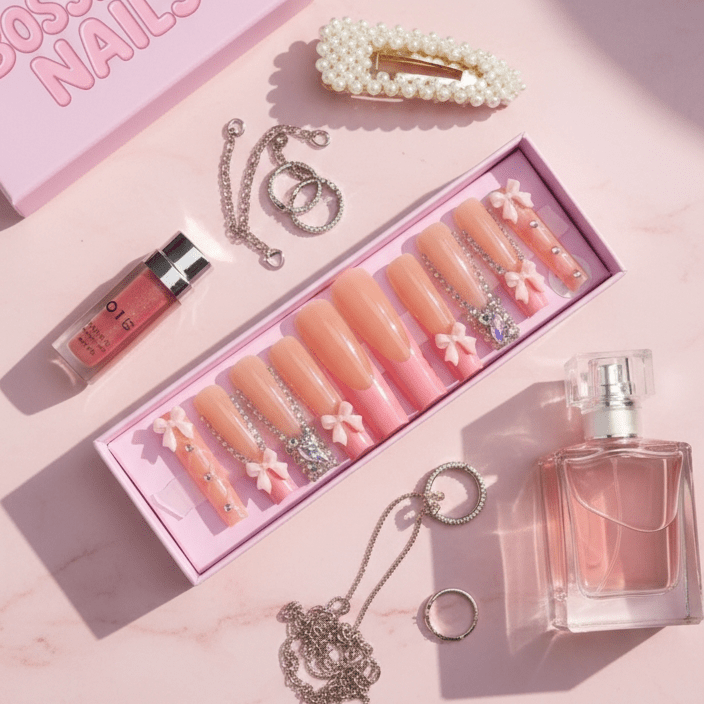 Ballerina Pink Bow Set | Coquette Pink Press - On Nails - Boss Babe Nails