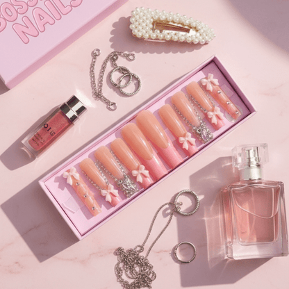 Ballerina Pink Bow Set | Coquette Pink Press - On Nails - Boss Babe Nails