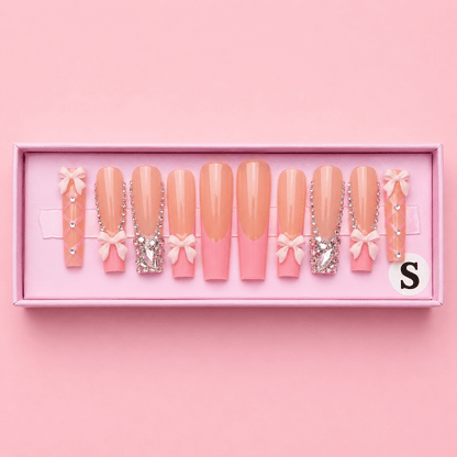 Ballerina Pink Bow Set | Square Press - On Nails - Boss Babe Nails