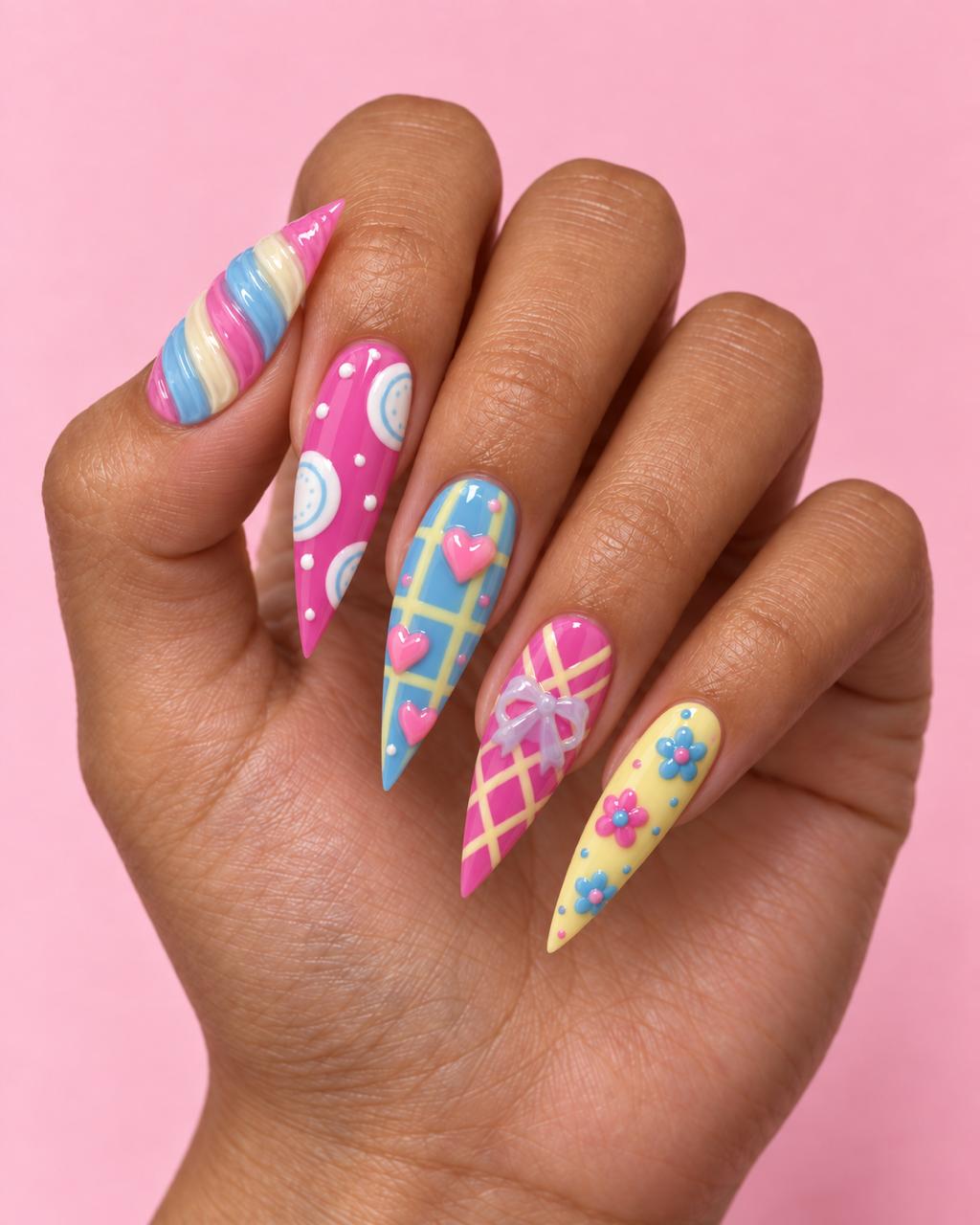 Hand wearing Boss Babe Candy Crush hand-painted press-on nails