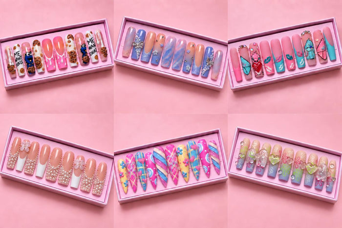 Six boxed Boss Babe hand-painted press-on nail sets