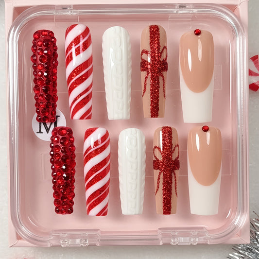 Candy Cane Cutie Set | Holiday Red & White Press - On Nails with Glitter Bows - Boss Babe Nails