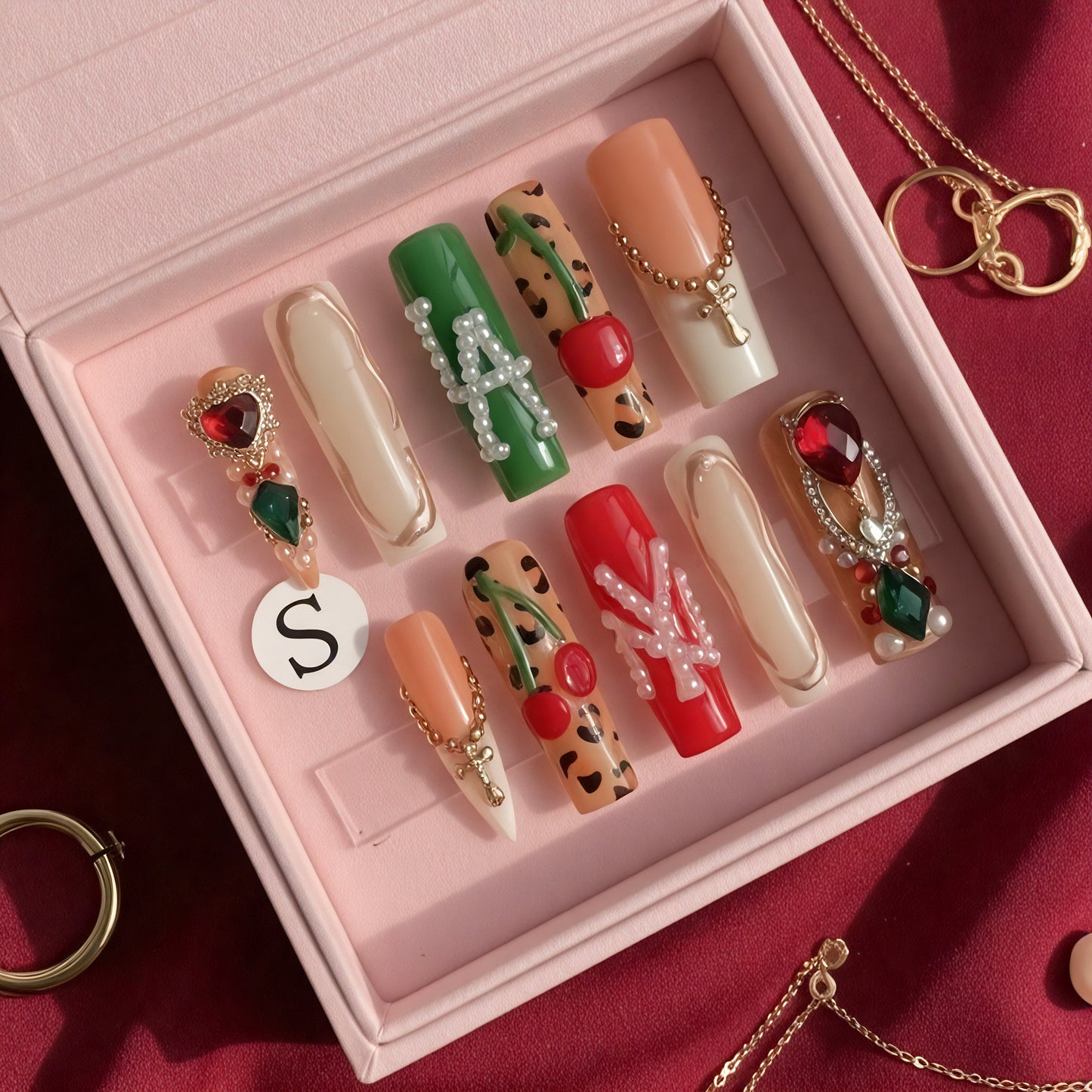 Cherry Bombshell Set | Red & Gold Press - On Nails with 3D Cherries - Boss Babe Nails