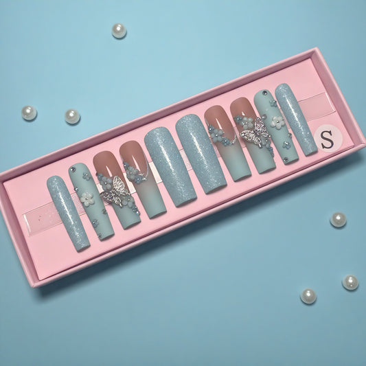 Frosted Butterfly Set | Glitter Blue Press - On Nails - Boss Babe Nails