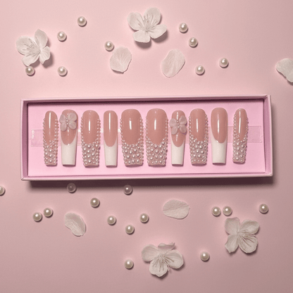 Pearl Dream French Set | White French Press - On Nails with Pearls - Boss Babe Nails