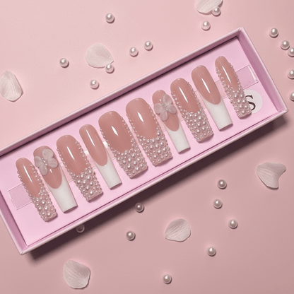 Pearl Dream French Set | White French Press - On Nails with Pearls - Boss Babe Nails