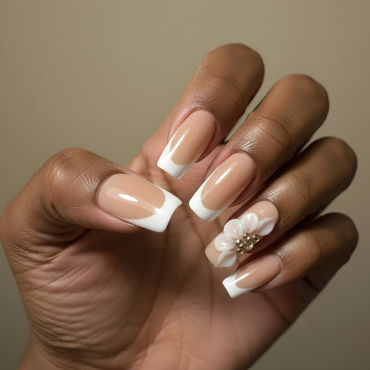 Petal French Set | Classic French Press - On Nails with 3D Flower Accent - Boss Babe Nails