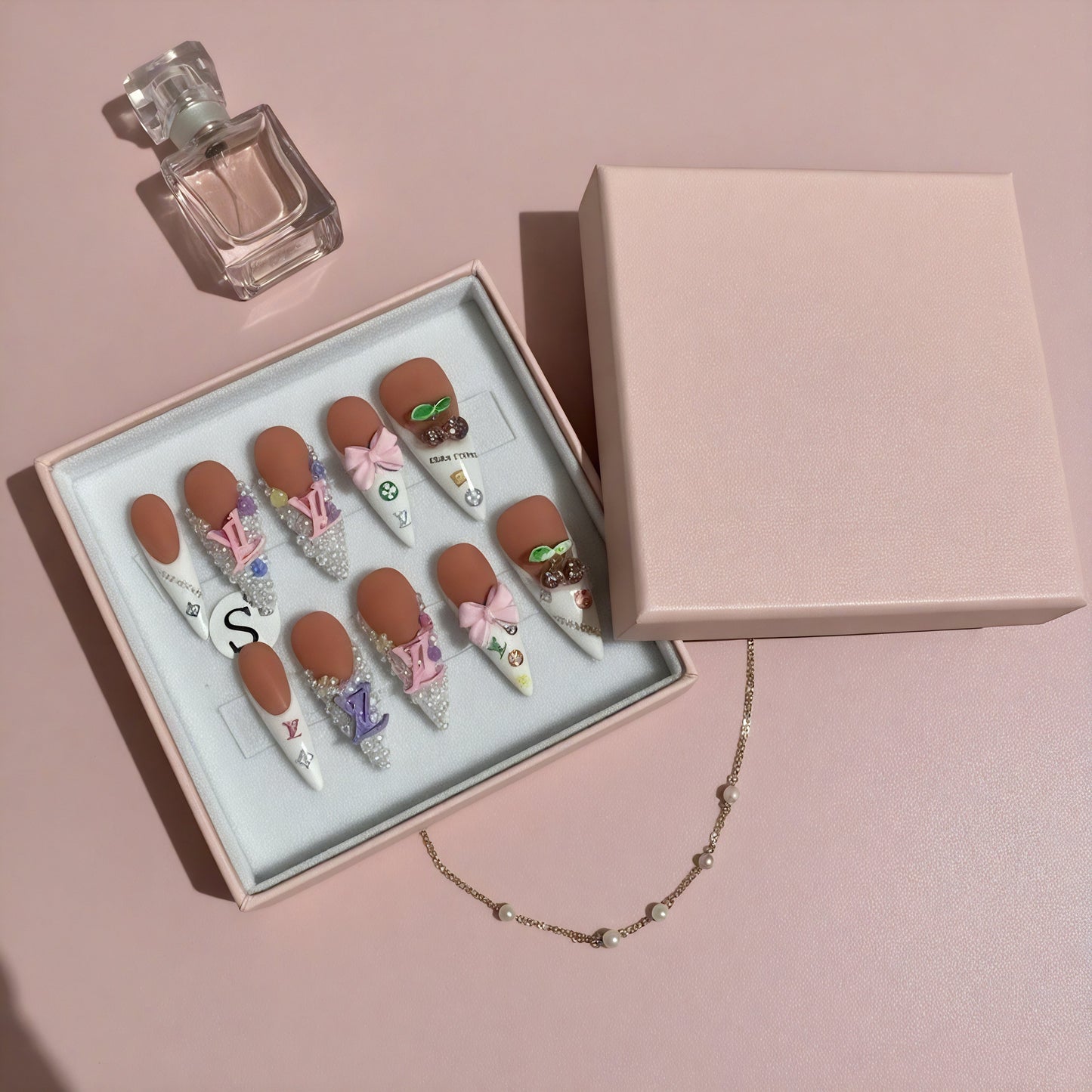 Pink Bloom Set | Nude Pink Press - On Nails with 3D Flowers & Rhinestone Bows - Boss Babe Nails