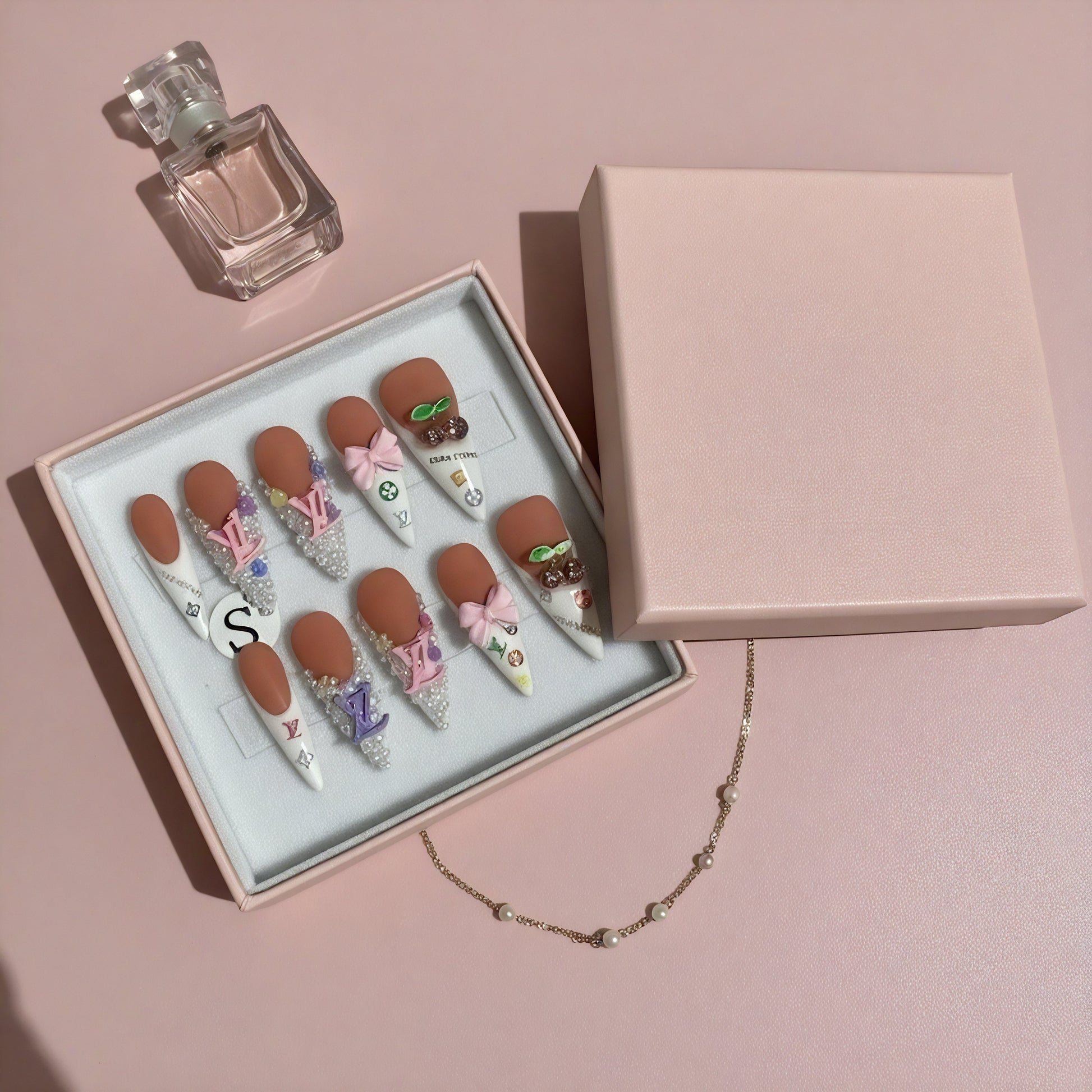 Pink Bloom Set | Nude Pink Press - On Nails with 3D Flowers & Rhinestone Bows - Boss Babe Nails