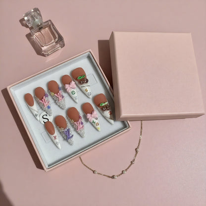 Pink Bloom Set | Nude Pink Press - On Nails with 3D Flowers & Rhinestone Bows - Boss Babe Nails