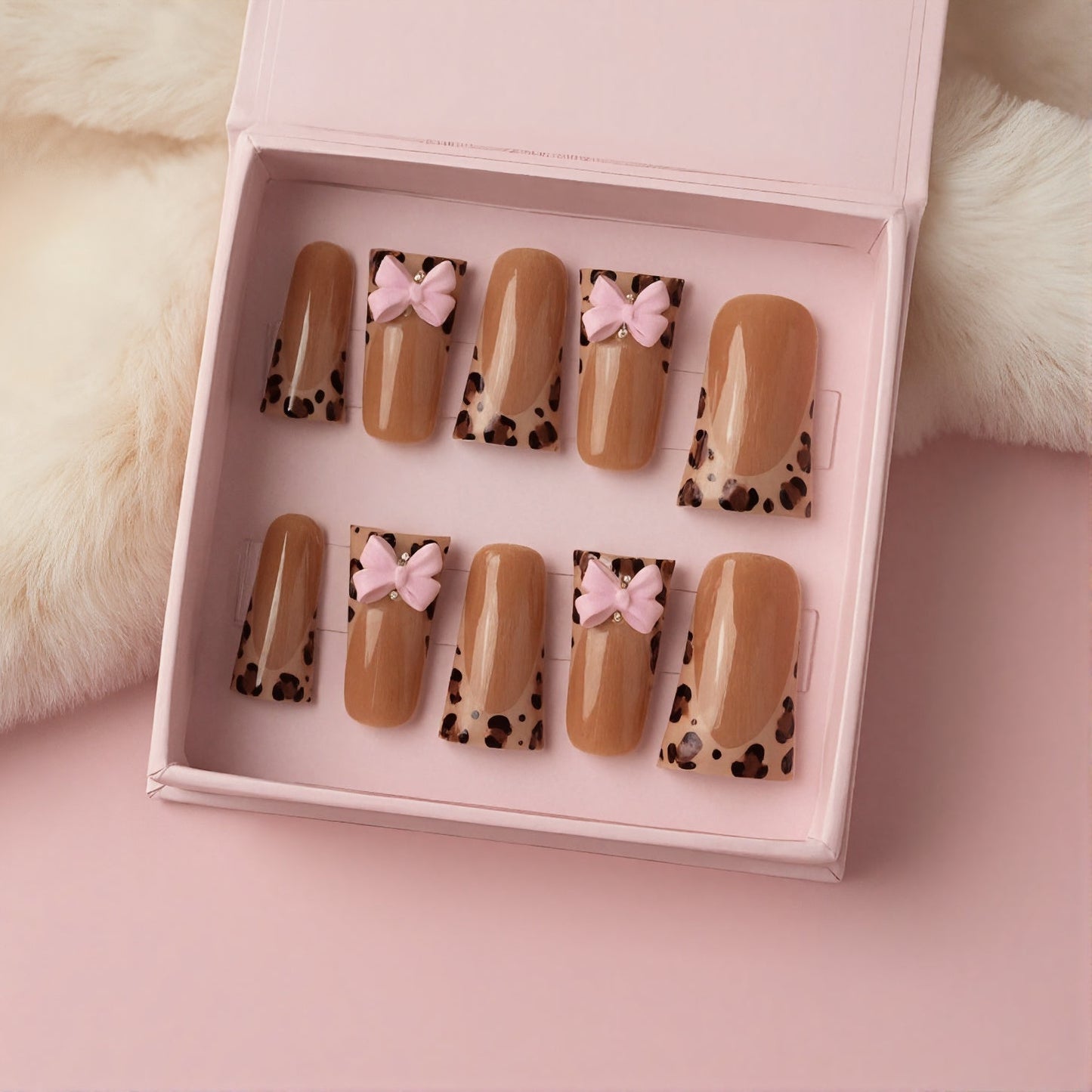 Pretty Kitty Set | Leopard French Tip Press - On Nails with Pink Bows - Boss Babe Nails