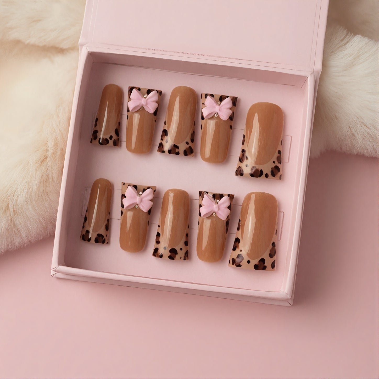 Pretty Kitty Set | Leopard French Tip Press - On Nails with Pink Bows - Boss Babe Nails