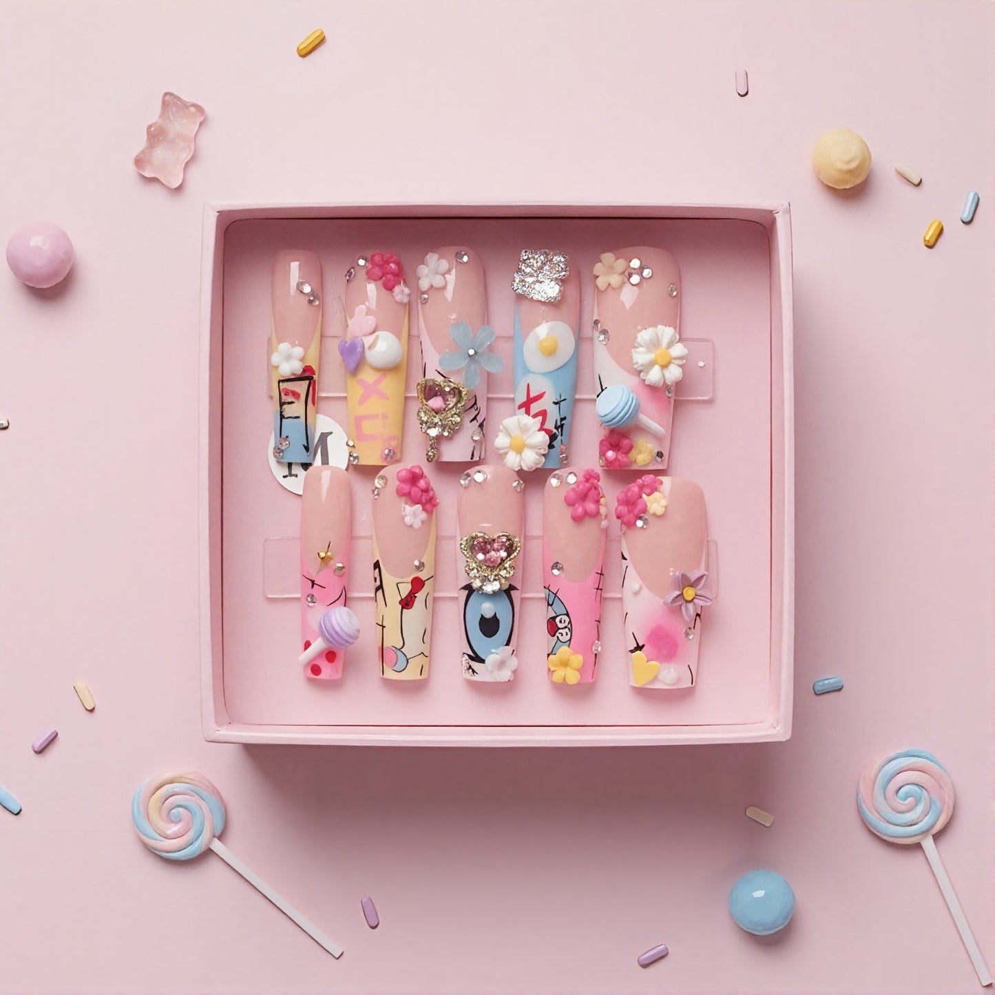Sweet Chaos Set | 3D Candy Press - On Nails with Charms & Flowers - Boss Babe Nails